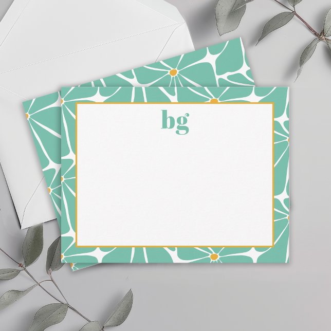 Retro Flower Power Colorful Turquoise Monogrammed Note Card (Creator Uploaded)