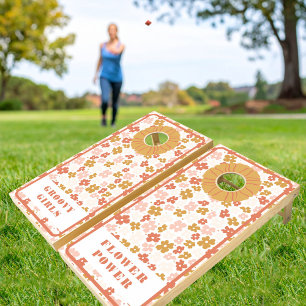 Retro Flower Power Girl Custom Name Cornhole Set