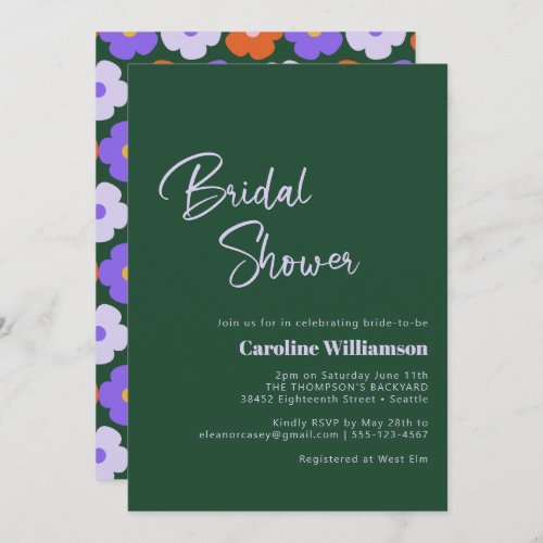 Retro Flower Purple Green Script Bridal Shower Invitation