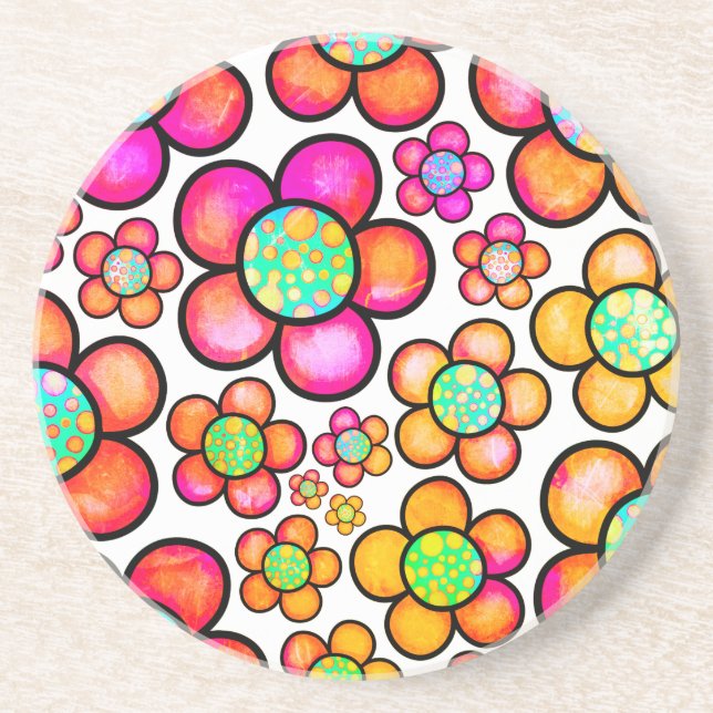 Retro flower rainbow  coaster (Front)