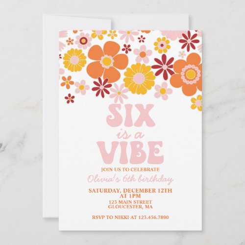 Retro Flower SIX is a Vibe 6th Birthday Invitation