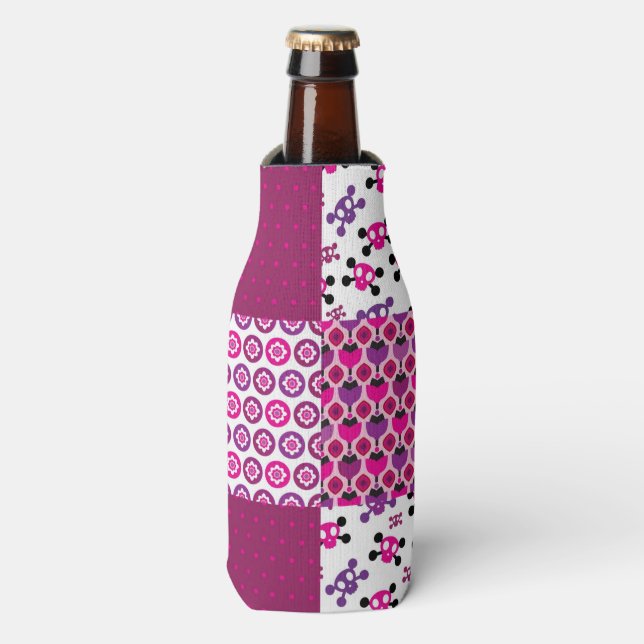 Retro flower skull polka dot bottle cooler (Bottle Front)