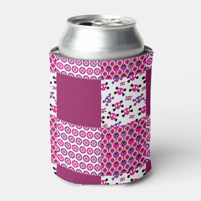Retro flower skull polka dot can cooler (Can Front)