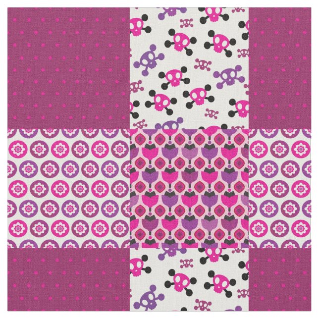 Retro flower skull polka dot fabric (Close Up)