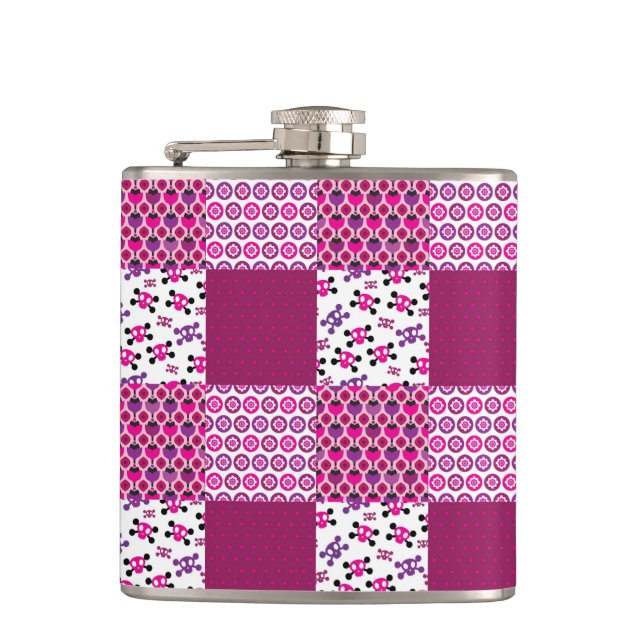 Retro flower skull polka dot flask (Front)