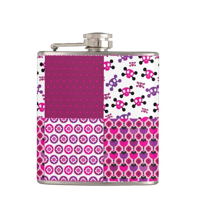 Retro flower skull polka dot hip flask (Front)
