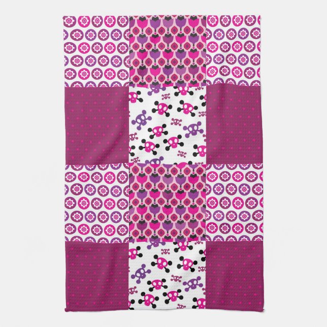 Retro flower skull polka dot kitchen towel (Vertical)