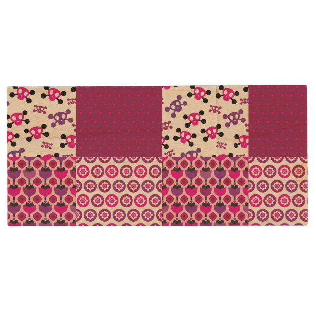 Retro flower skull polka dot wood flash drive (Front)