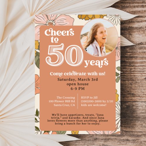 Retro Flowers 50th Birthday Invitation with photo