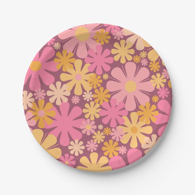 Retro Flowers 60s 70s Aesthetic Floral Pattern Paper Plates (Front)