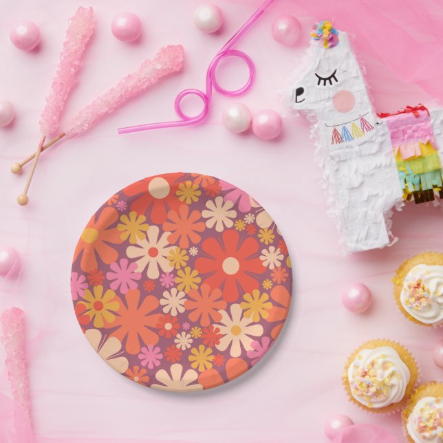 Retro Flowers 60s 70s Aesthetic Floral Pattern Paper Plates (Party)