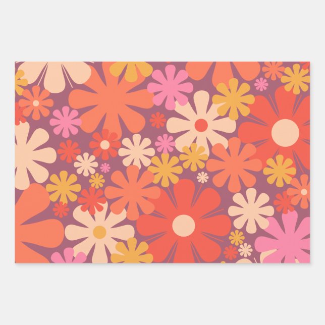 Retro Flowers 60s 70s Aesthetic Floral Pattern Wrapping Paper Sheets (Front)