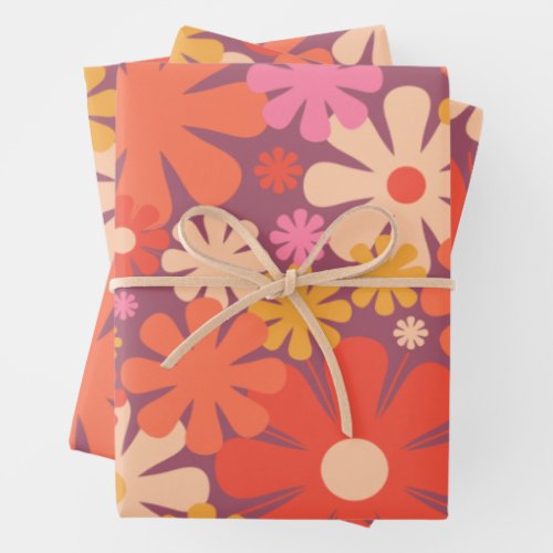 Retro Flowers 60s 70s Aesthetic Floral Pattern Wrapping Paper Sheets