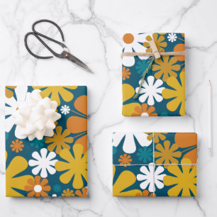 Retro Flowers 60s 70s Aesthetic Floral Pattern Wrapping Paper Sheets