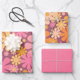 Retro Flowers 60s 70s Aesthetic Floral Pattern Wrapping Paper Sheets