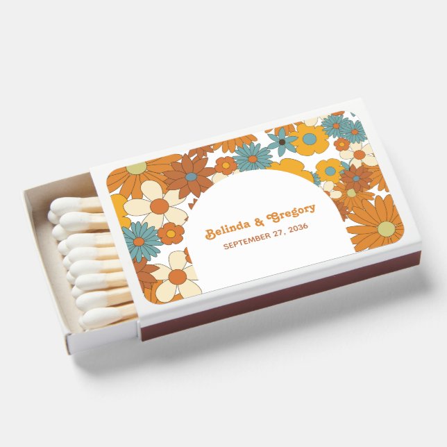 Retro Flowers 60's 70's Arch Wedding Favors Matchboxes (Front Open)