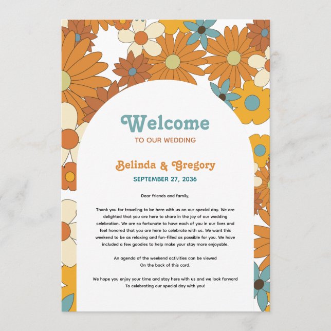 Retro Flowers 60's 70's Arch Wedding Itinerary Program (Front)