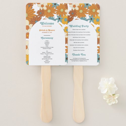 Retro Flowers 60s 70s Arch Wedding Program Hand Fan