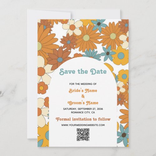 Retro Flowers 60s 70s Arch Wedding QR Code Save The Date