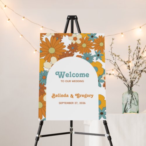 Retro Flowers 60s 70s Arch Wedding Welcome Sign