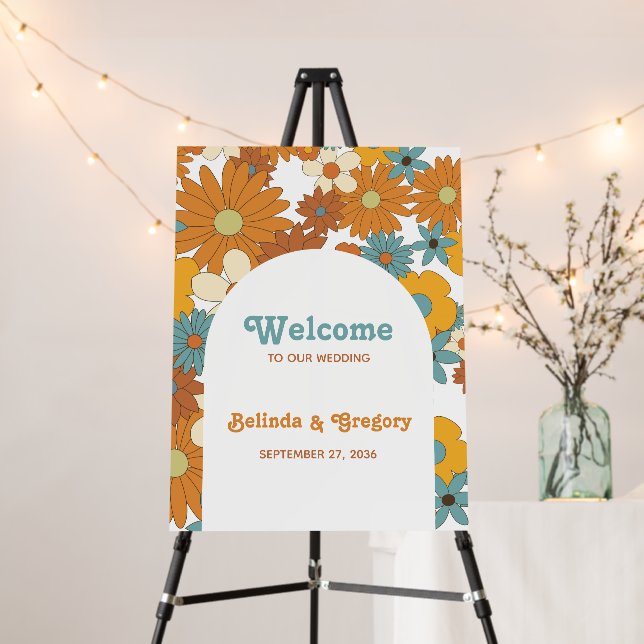 Retro Flowers 60's 70's Arch Wedding Welcome Sign (In Situ (Stand))