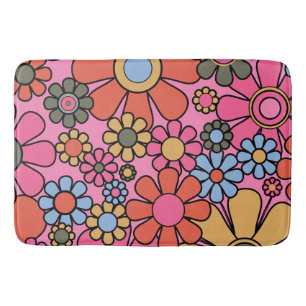 Retro Flowers 60s 70s Bright Floral Pattern Pink Bath Mat