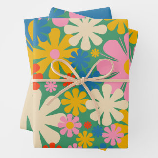 Retro Flowers 60s 70s Colorful Floral Patterns Wrapping Paper Sheets