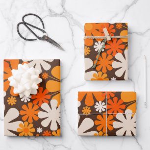 Retro Flowers 60s 70s Floral Pattern Brown Orange Wrapping Paper Sheets