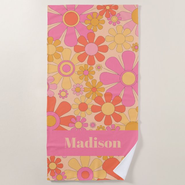 Retro Flowers 60s 70s Floral Pattern Personalized Beach Towel (Front)