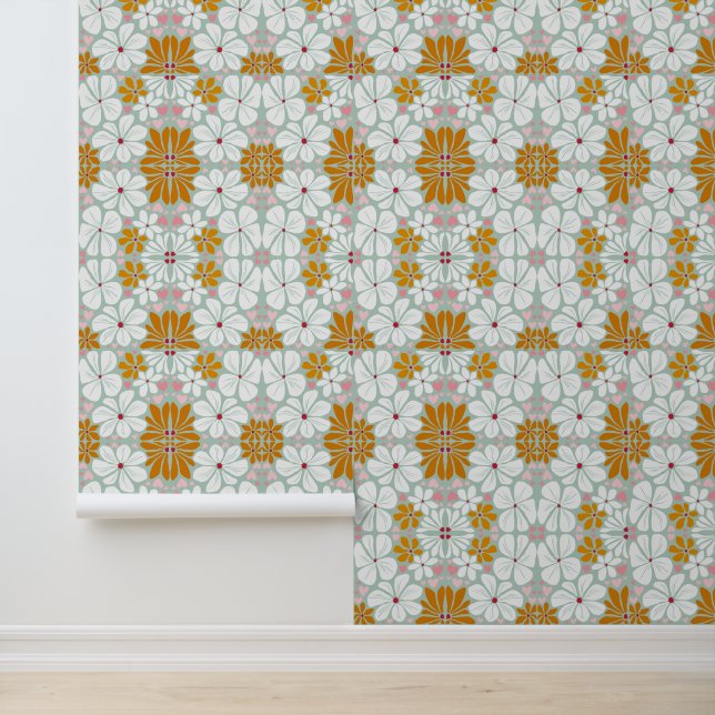 Retro flowers 70s groovy tile sage green wallpaper  (Application)