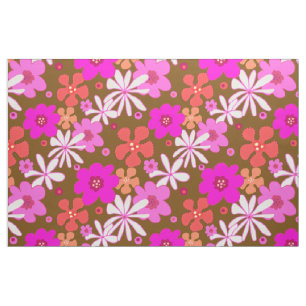 Retro Flowers Art Pattern Pink Brown Fabric