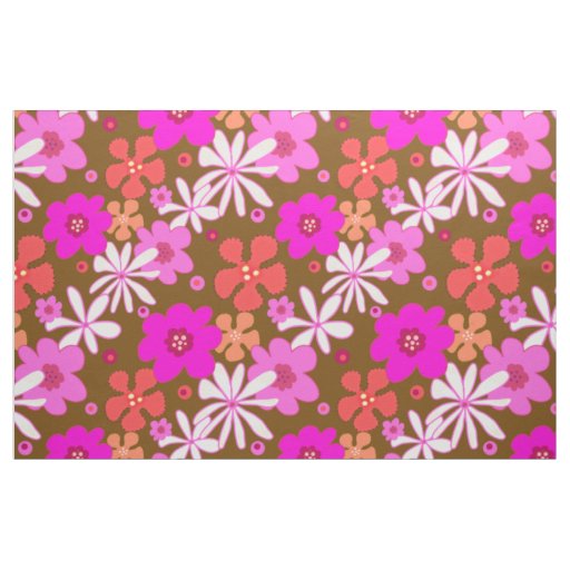 Retro Flowers Art Pattern Pink Brown Fabric