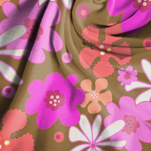 Retro Flowers Art Pattern Pink Brown Fabric