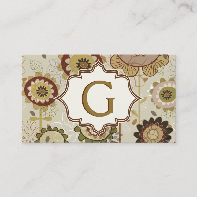 Retro flowers beige brown floral pattern monogram business card (Front)