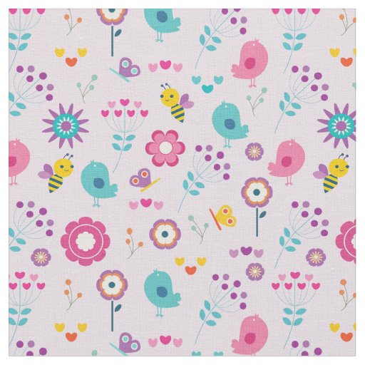 Retro Flowers Birds and Bees on Pink Background Fabric