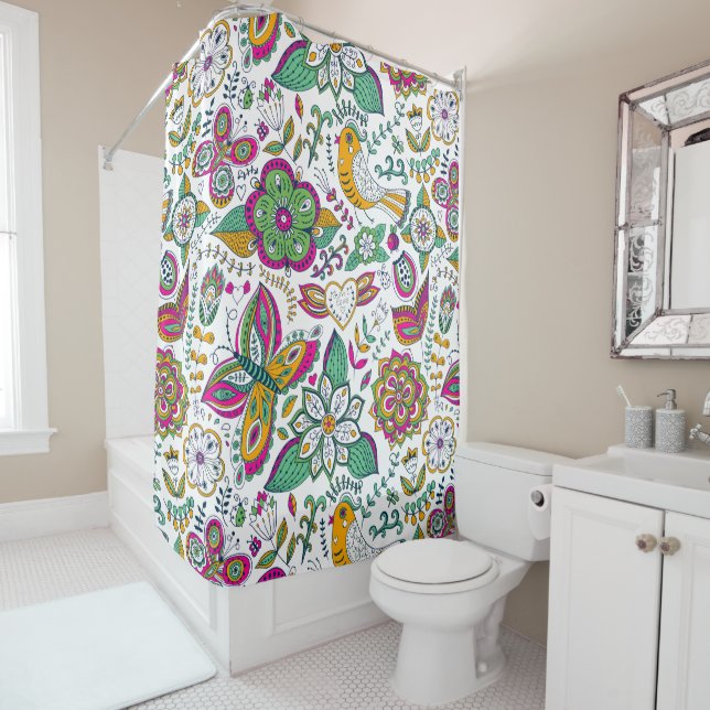 Retro Flowers Birds & Butterflies Colorful Pattern Shower Curtain (In Situ)