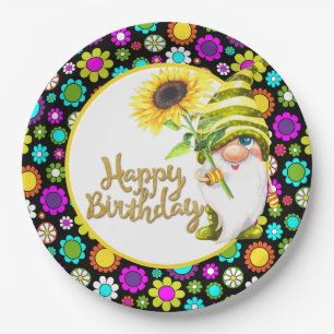 Retro Flowers Birthday Gnome Paper Plates