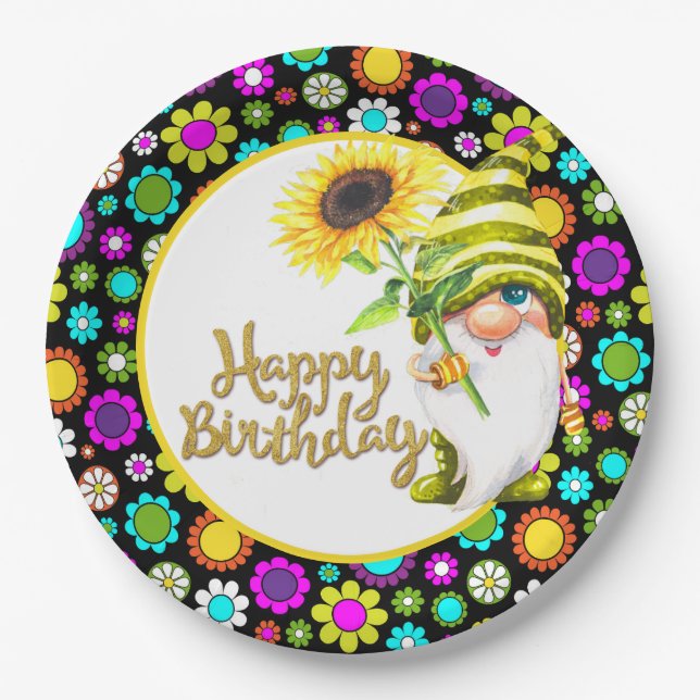 Retro Flowers Birthday Gnome Paper Plates (Front)