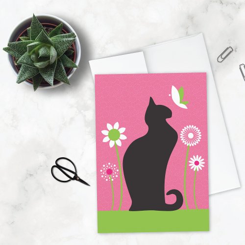 Retro Flowers Black Cat Birthday Card