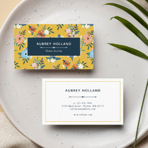 Retro Flowers Blush Yellow Blue Floral Pattern Business Card