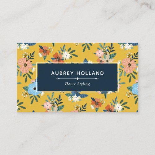 Retro Flowers Blush Yellow Blue Floral Pattern Business Card