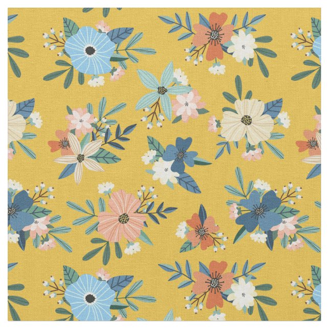 Retro Flowers Blush Yellow Blue Floral Pattern Fabric (Close Up)