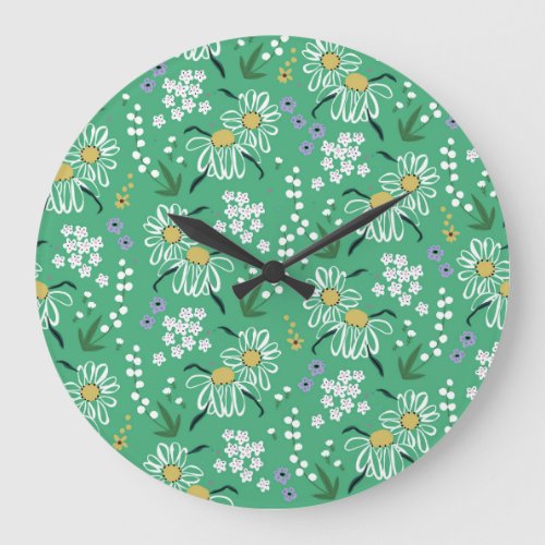 Retro Flowers Botanical Seamless Pattern Large Clock