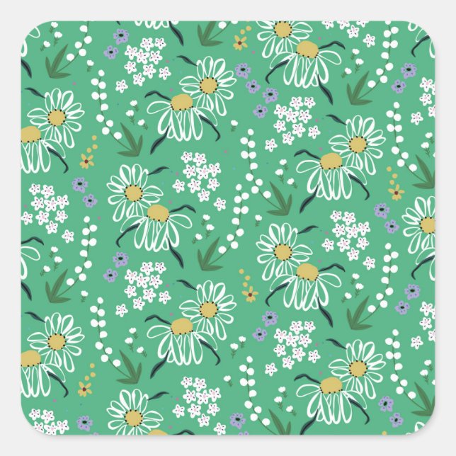Retro Flowers, Botanical Seamless Pattern. Square Sticker (Front)