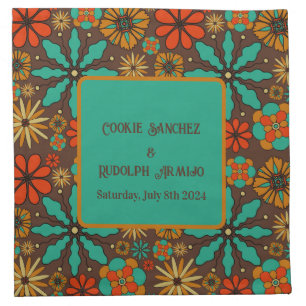 Retro Flowers Brown Teal Red floral groovy 60s Cloth Napkin