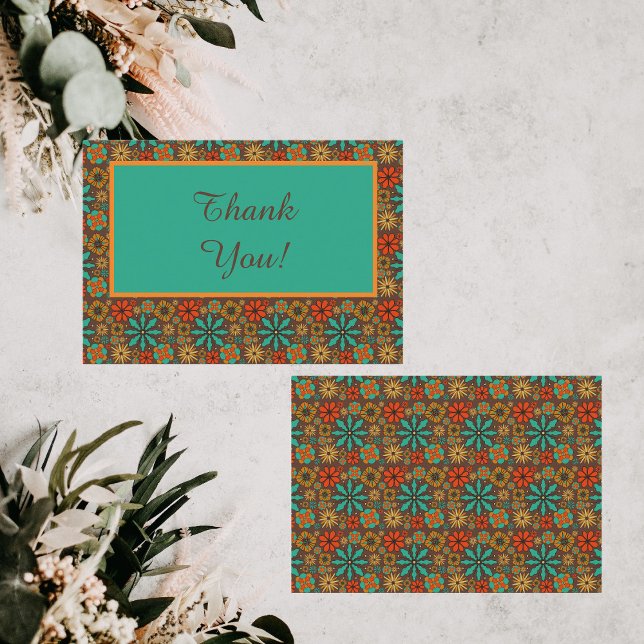 Retro Flowers Brown Teal Red floral groovy 60s  Thank You Card (Creator Uploaded)