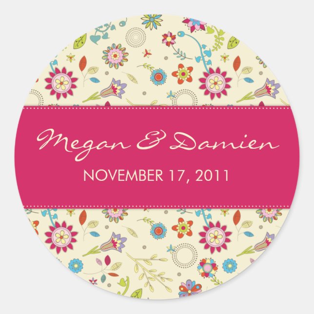 Retro Flowers · Cerise · Save the Date Sticker (Front)