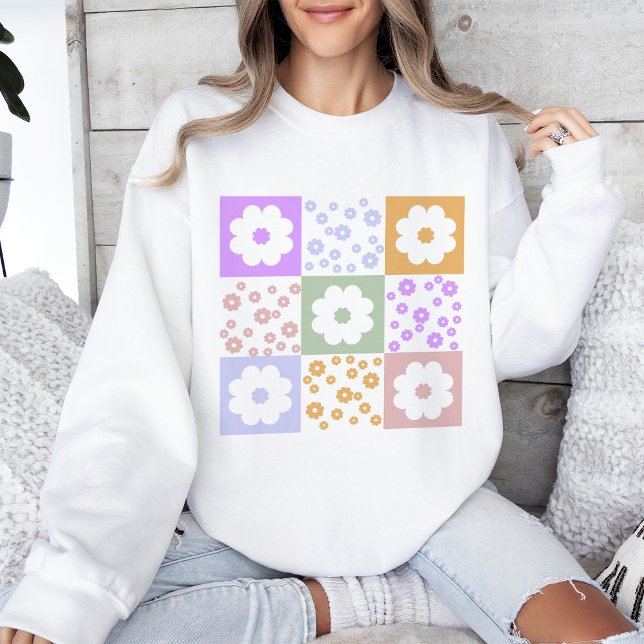 Retro Flowers Checkered Pattern  Sweatshirt (Creator Uploaded)