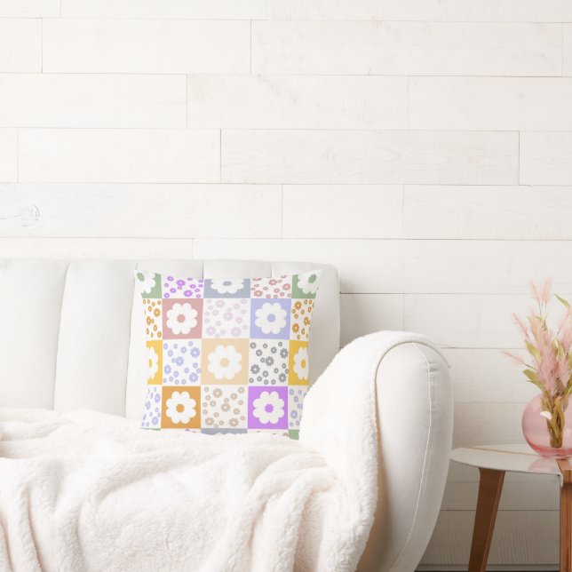 Retro Flowers Checkered Throw Pillow (Couch)