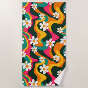 Retro Flowers Colorful 70s Hippie Pattern Beach Towel